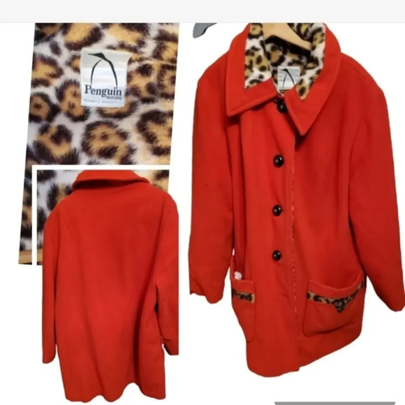 Vintage Red Wool& Leopard Coat L..XL - Picture 1 of 14